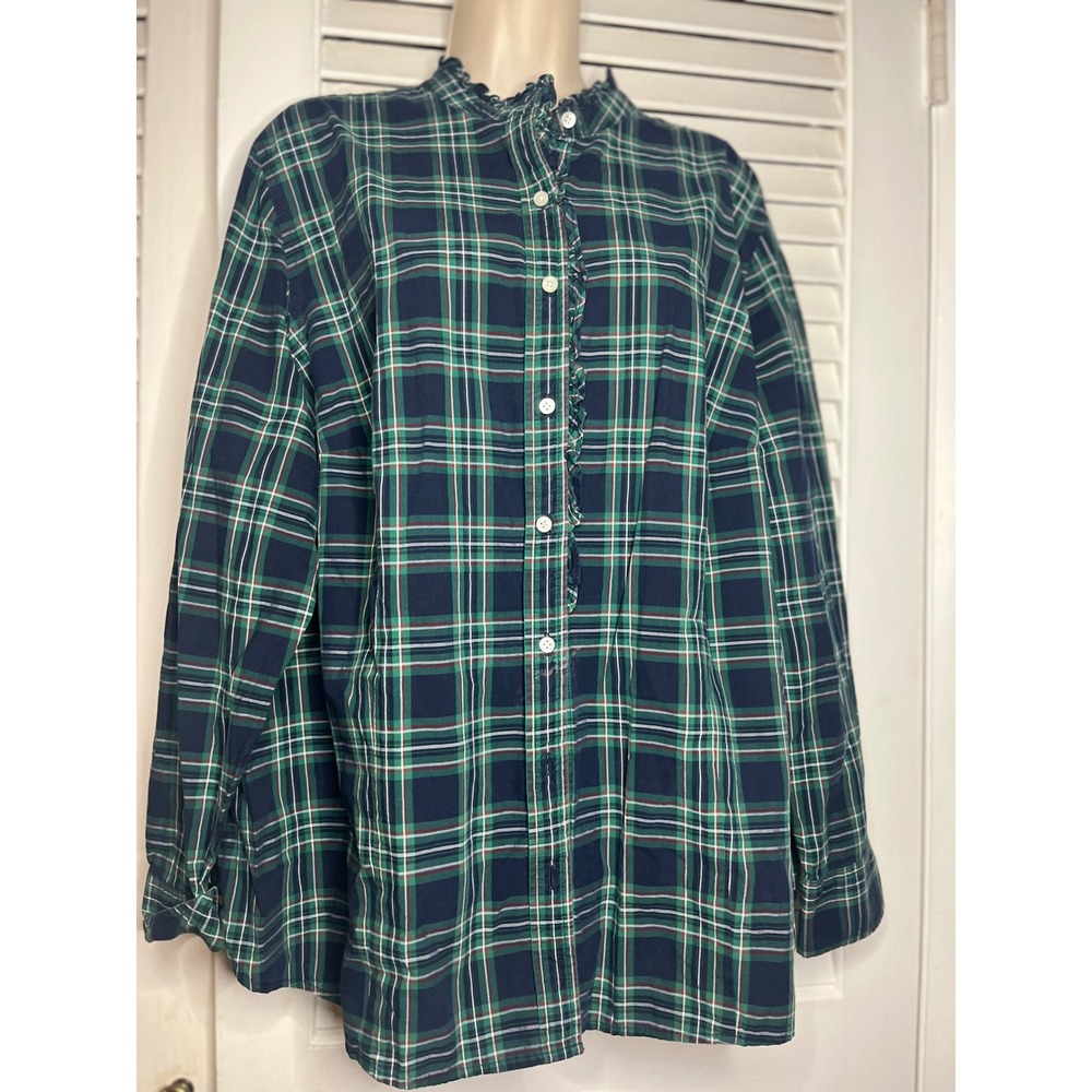 Talbots Woman Plaid Ruffle Neck Long Sleeve Button Up Shirt Blouse Top 20W
